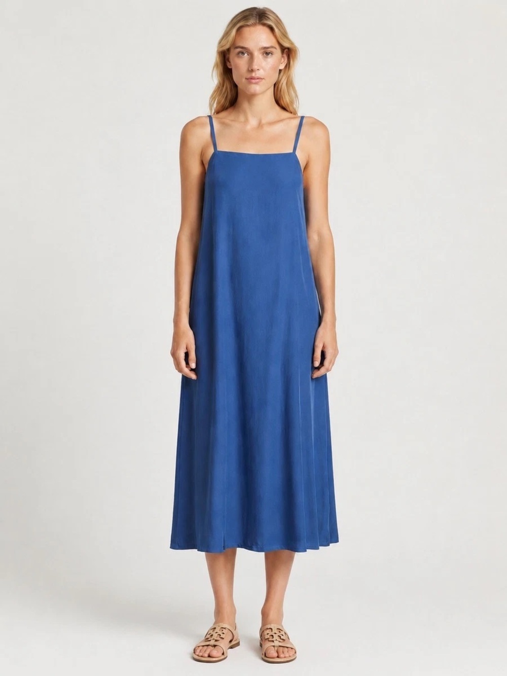 Everlane Blue Slip Midi Dress with Spaghetti Straps